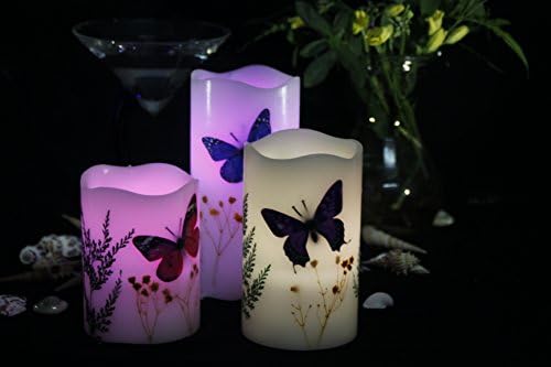 YESER 3pcs Flameless Butterfly &amp;Flowers LED Pillar Candle with Remote Controller Timer Function for Wedding Marriage Birthday Party