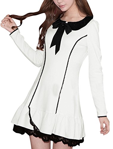 Allegra K Women Doll Collar Long Sleeve Lace Panel Dress S White