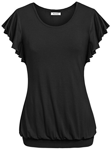 Ninedaily Blouse Women Ruffles Short Sleeve Scoop Neck Banded Tunic Tops