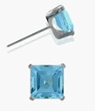 Genuine 5mm Square Princess Cut Blue Topaz 14 Karat White Gold Stud Earrings