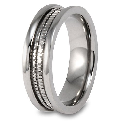 Millgrain Grooved Polished Titanium Ring (7mm) - Sizes 6-13