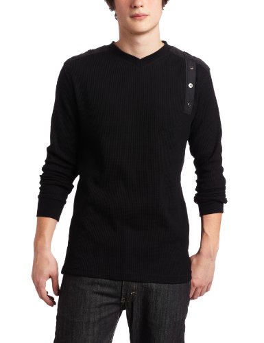 Southpole Mens Long Sleeve Fashion Basic Thermal Tee with Button Details, Epaulettes and Elbow Patches, Black, Medium