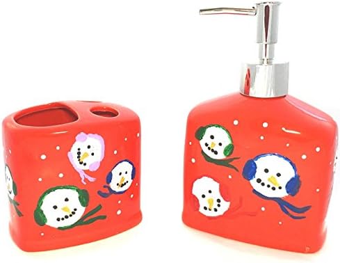 Hand Painted Snowman Bathroom Soap Pump and Toothbrush Holder