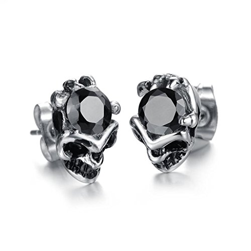FUNRUN JEWELRY Unisex Stainless Steel Skull Head with CZ Inlay Stud Earrings Punk Style