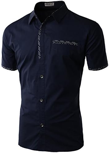 Doublju Mens Soft Contrast trimmed Button Down Top NAVY,S