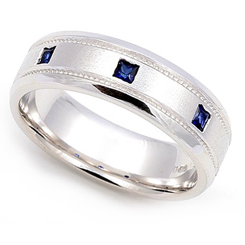 Platinum White Gold Bezel set Blue Sapphire Wedding Band Ring (G-H/VS, 0.12 ct.)