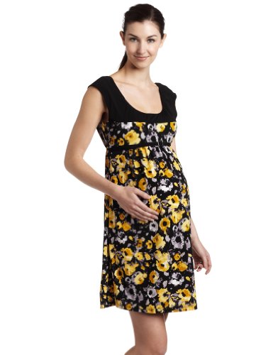 Three Seasons Maternity Women's Print With Yoke Belt, Black/Grey Floral, Small