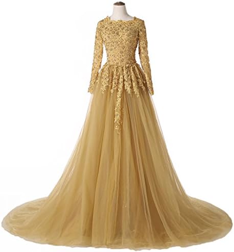 Dreambridal Long Sleeve Gold Lace Applique Beaded Evening Gown Dresses