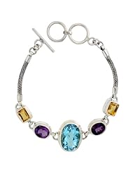 Sterling Silver Bali Style Byzantine Toggle Bracelet, w/ Oval Cut 19x14mm Blue Topaz, two Oval Cut 10x8mm Amethyst & two Emerald Cut 8x6mm Citrine (ALL NATURAL STONES), 3/4 inch (20 mm) wide