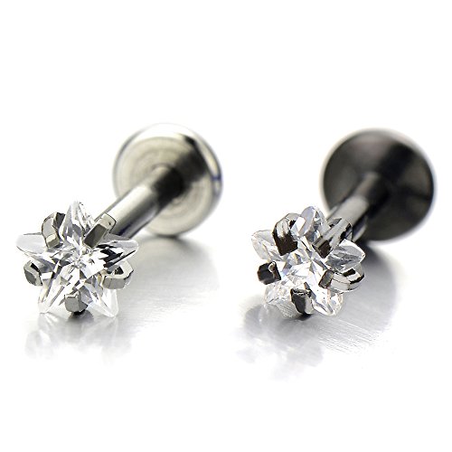 Steel Lip Stud Ring with Star Cubic Zirconia Piercing Labret Monroe Bar Chin Tragus Body Jewelry