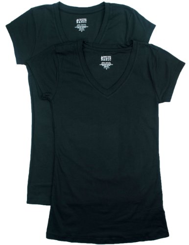 2 Pack Activewear Apparel Semi Sheer Lightweight V Neck Juniors T-shirt Packs (Juniors Small, Black/Black)