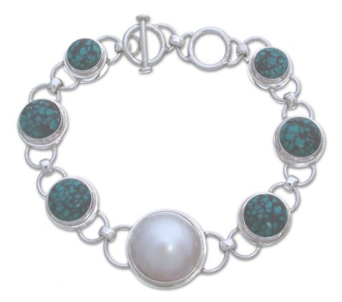 Pearl and turquoise bracelet, 'Magical Moon' 1 W 9 L