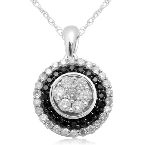 10k White Gold Black & White Diamond Center Cluster Pendant (1/2 cttw, I-J Color, I3 Clarity), 18”