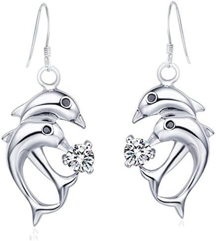 Women Girls Alloy Gold-Plated Crystal Rhinestone Dolphins Drop Earrings (white)
