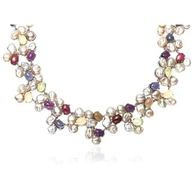 Freshwater Cultured Pearl & Cabochon Gemstone Sterling Silver Necklace, 17.5" by 