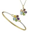 Yellow Gold Plated Sterling Silver Multi-Gemstone Flower Bangle Bracelet and Pendant Set, 18
