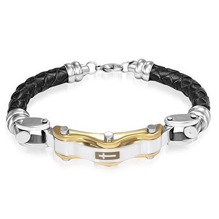 Black White Gold Leather Stainless Steel Cross Religious Mens Bracelet