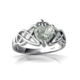 14K White Gold Heart Genuine Green Amethyst Celtic Claddagh Knot Ring