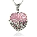 Sterling Silver Marcasite & Pink Glass Heart Pendant, 18"