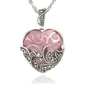 Sterling Silver Marcasite & Pink Glass Heart Pendant, 18