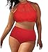 EVALESS Womens High Neck Mesh Insert Strappy Hollow Out Bikini Bathing Suit XX-Large Size Orange Red