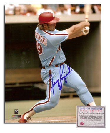 Greg Luzinski Philadelphia Phillies MLB Autographed 8x10 Photograph Away Jersey Swinging
