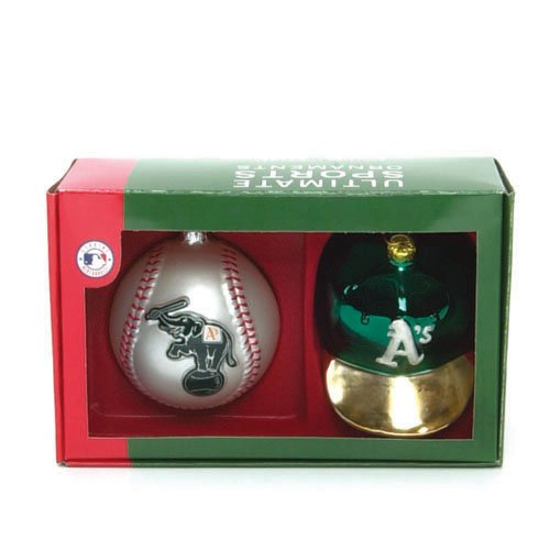 Set of 2 MLB Oakland Athletics Ball and Helmet Glass Christmas Ornaments