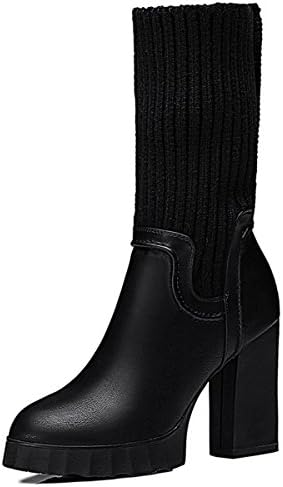 Womens High Heel Leather Shoes High Platform Side Zipper Kintting Black Mid-calf Warm Martin Boots EU36