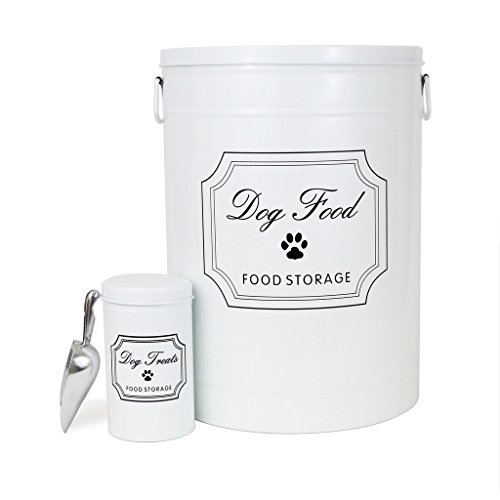 3Piece Galvanized Steel Dog Food Container Set 40 lbs White Animals