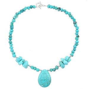 Southwestern Turquoise Gemstone Bead Choker Necklace with Teardrop Turquoise Pendant and Sterling Silver Accents, 15 1/2" Length, #7827