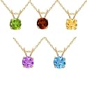 10k Yellow Gold 5 Piece Individually Boxed 5mm Round Amethyst, Blue Topaz, Citrine, Garnet & Peridot Stud Pendants Set, 18"
