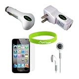 USB Car Charger, USB Wall / Travel Charger, Earphones, and Screen Protector / Guard for Apple iPod Touch 4G iTouch 4th Generation. CrazyOnDigital Wristband Included