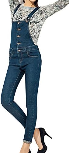 DC-SN Women's Stylish Button-up Slim Fit Skinny Bib Overalls Jeans Dark-blue 2XL