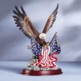 Patriotic Bald Eagle With Two American Flags Statue On A Wooden Base