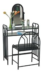 Sturdy Black Metal Vanity With Table & Bench Set Adjustable Mirror