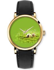 SPRAWL Aanalog Fashion Series Gold Ladies Watches of Genuine Black Leather Strap,Unique Wrist Watch for Women Girls Designed with Cute puppy in the grass