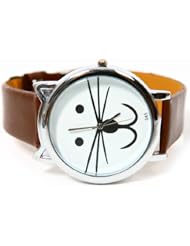 New Brown Womens Girls Cat Face Dial Quartz Wrist Watch Wristwatch