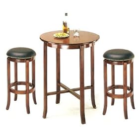 Click here to buy Cherry Pub Set with 2 Leather Nailhead Swivel Bar Stools by Printz Furniture.