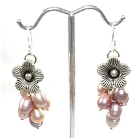 Beautiful Genuine Freshwater Purple and Pink Pearl and Flower Cluster Earrings on 925 Sterling...