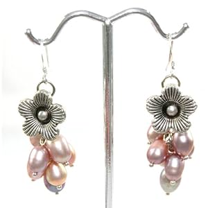 Beautiful Genuine Freshwater Purple and Pink Pearl and Flower Cluster Earrings on 925 Sterling...