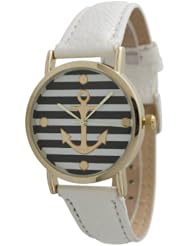 Womens Geneva Striped Anchor Style Leather Watch - White
