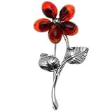 Certified Genuine Cherry Amber and Sterling Silver Flower Pin