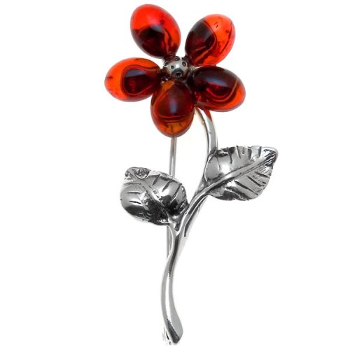 Certified Genuine Cherry Amber and Sterling Silver Flower Pin