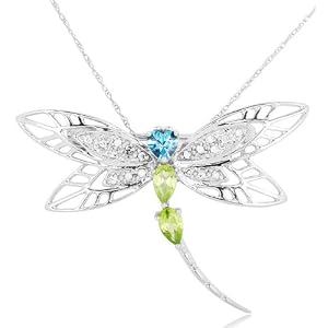 10k White Gold Multi-Gemstone Dragonfly Brooch Pendant by 