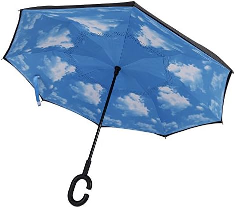Double Layer Reverse Folding Umbrella Inverted Umbrella Flipped Inside Out with C Shape Handle (Sky Blue)