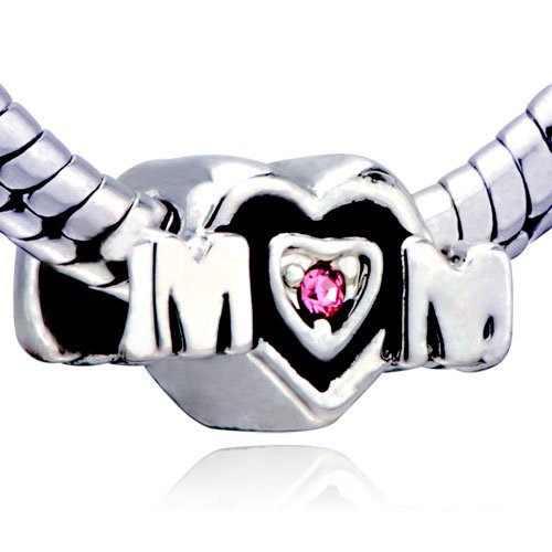 Pink Crystal Mom Heart Bead - Pandora Beads Charm & Bracelet Compatible