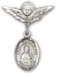 Sterling Silver Baby Badge with St. Wenceslaus Charm and Angel with Wings Badge Pin