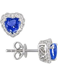 10K White Gold 1/10 ctw Accent Diamond and Created Sapphire Earrings I-J,I2-I3