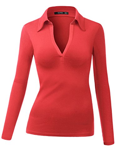 Thanth Womens Polo Collar Deep V-Neck Pullover Casual Blouse Top