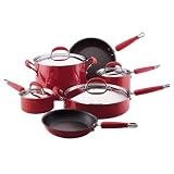 KitchenAid Gourmet Essentials 10-Piece Hard-Base Porcelain Aluminum Nonstick Cookware Set, Red